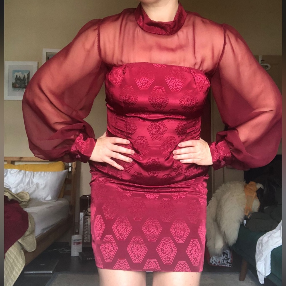 Sheer Sleeve Mock-Neck Mini Dress - Picture 4 of 10